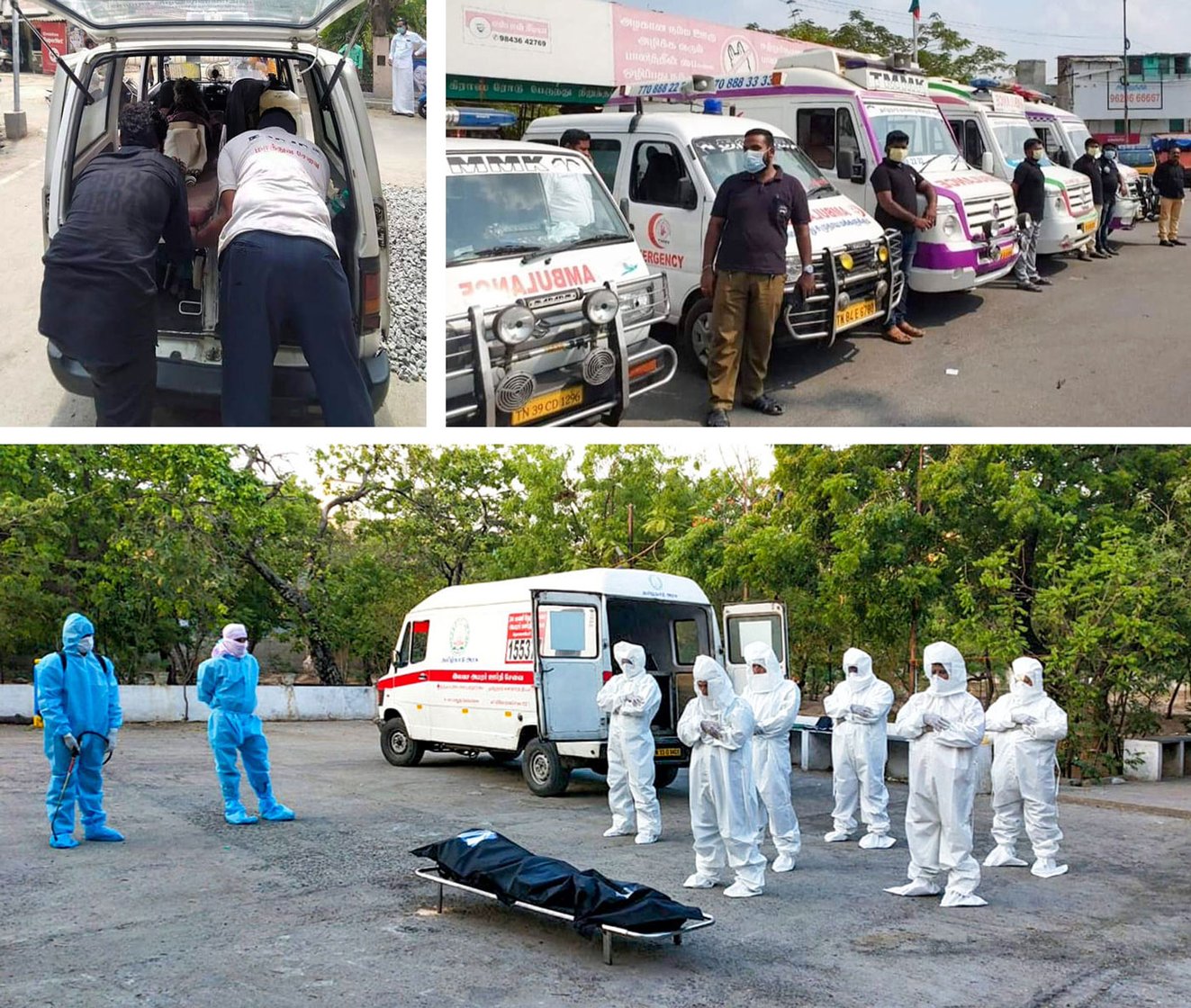 Top left: Two volunteers place a body in their vehicle. Top right: TMMK volunteers stand beside their ambulance vans, readying for the day’s activity. And volunteers in full PPE stand in respect after unloading a body at a burial ground