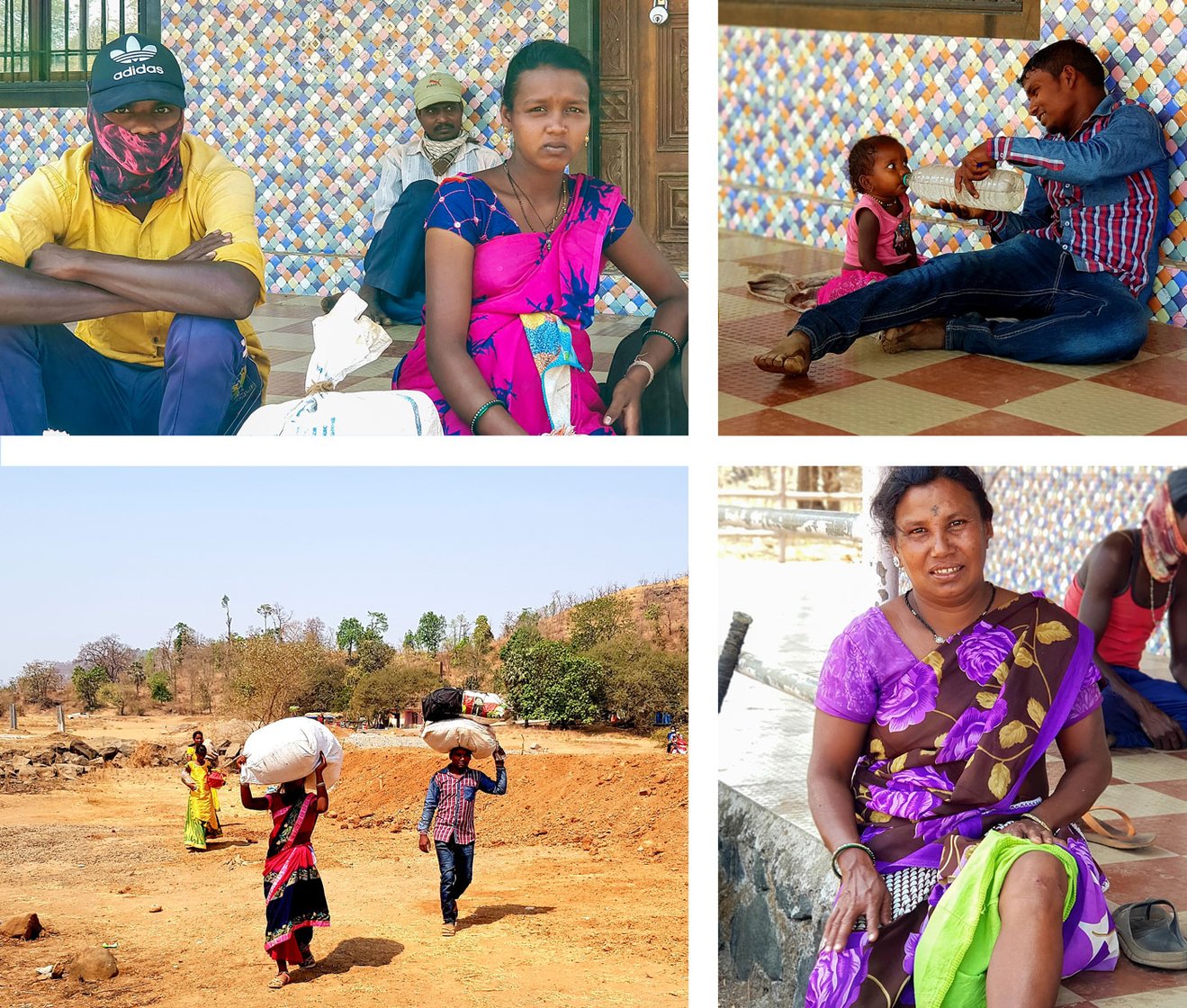 Sapna and her husband Kiran Wagh (top left), Devendra Diva and his little daughter (top right), and Kavita Diva (bottom right) were among the group of Katkari Adivasis trying to reach their village in Palghar district from the brick kilns where they work