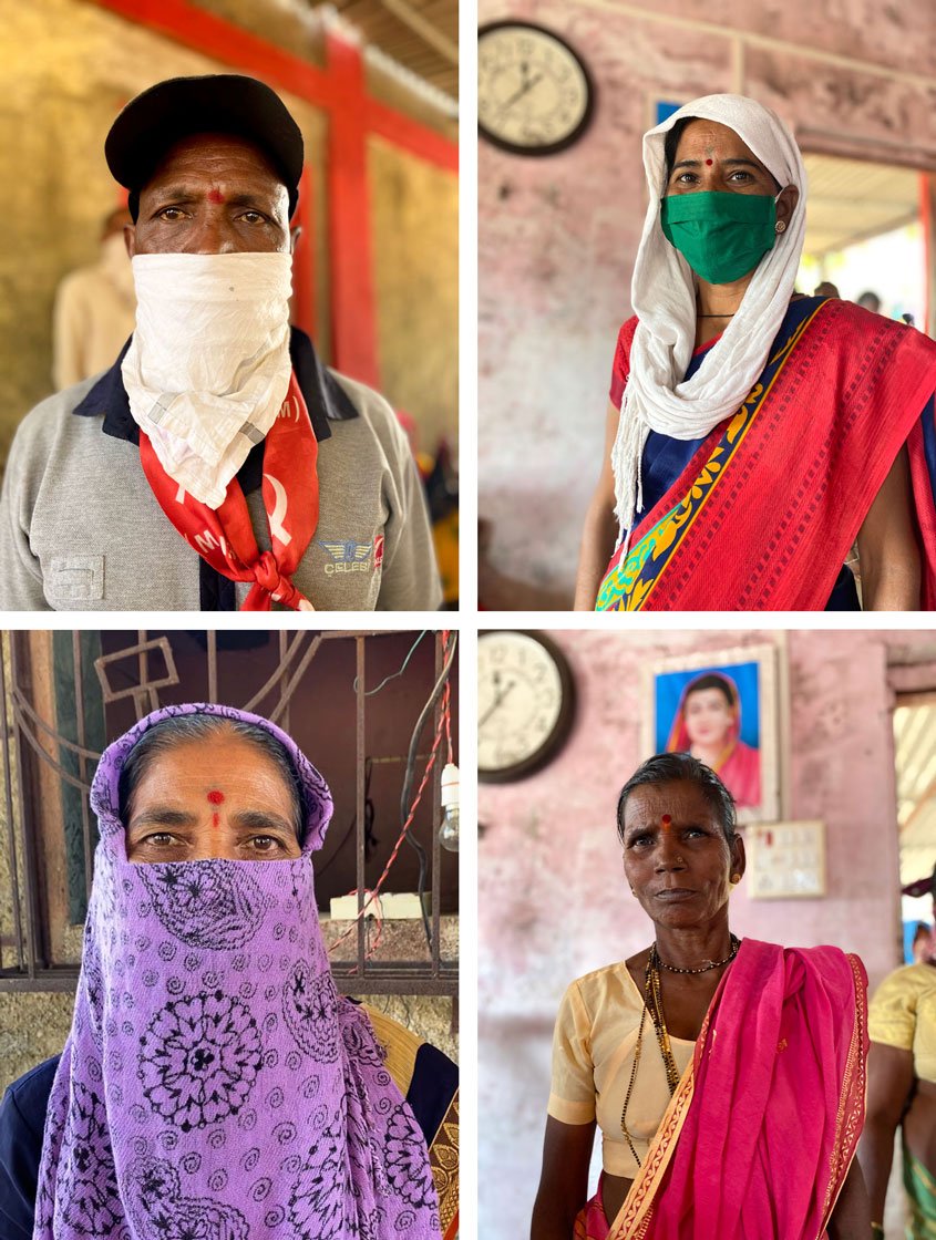 Top left: Tukaram Valavi: 'We will not back down today'. Top right: Rama Tarvi: 'The forest department does not let us cultivate our land'. Bottom left: Suganda Jadhav: 'The government has forced us to come out on the streets'. Bottom right: Sunita Savare has been trying to get her Aadhaar card for years, and said: 'I don’t understand what the people at the card office say,” she said. “I can’t read or write. I don’t know what form to fill. They ask me to go here, go there, come at this date, that date. I am tired'