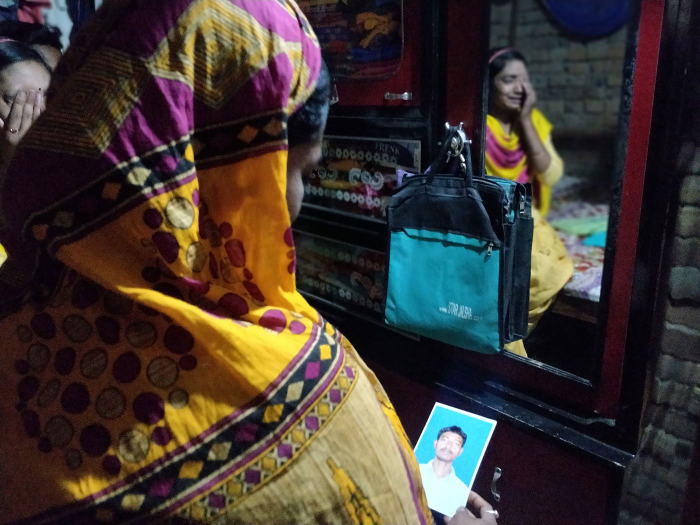 Left: Rehna Bibi with a photo of her husband, Anas Shaikh, who's been missing since the Chamoli disaster. Right: Akram Shaikh works as a lineman in Kinnaur
