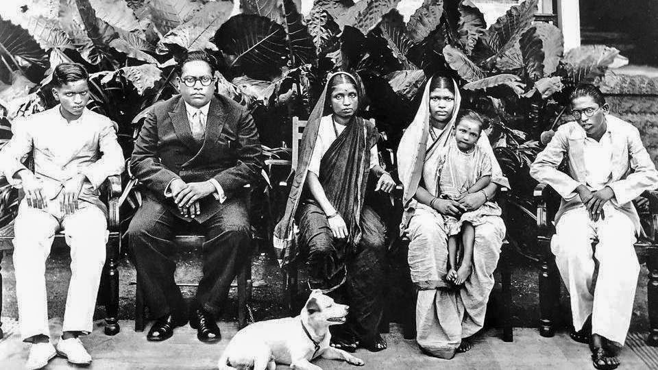 At their Rajagriha bungalow, Bombay in February 1934. From left: son Yashwant, Dr. Ambedkar, Ramabai, Babasaheb's brother's wife Laxmibai, nephew Mukundrao, and their dog Tobby