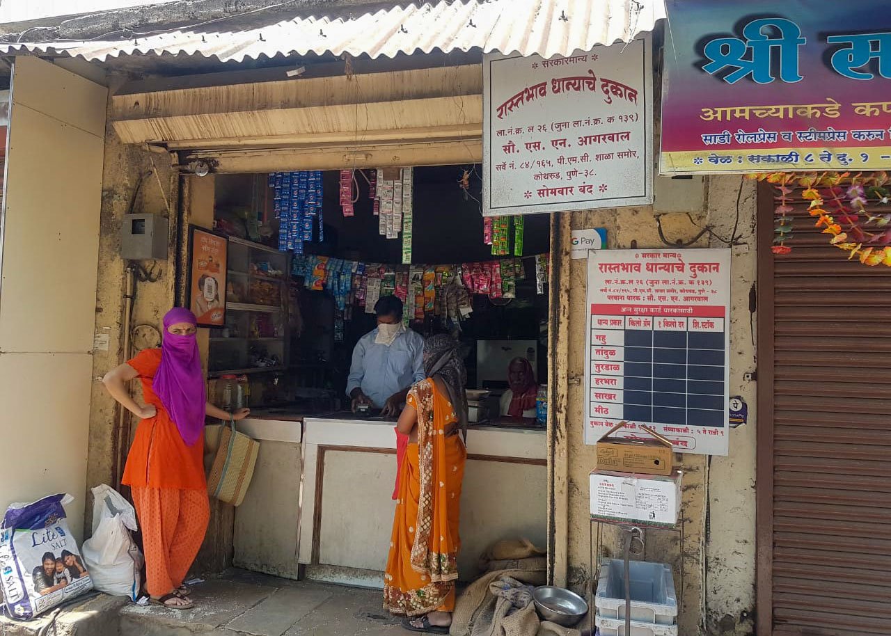 Left: Laxmi Nagar colony in Kothurd. Right: A ration shop in the area, where subsidised food grains are purchased