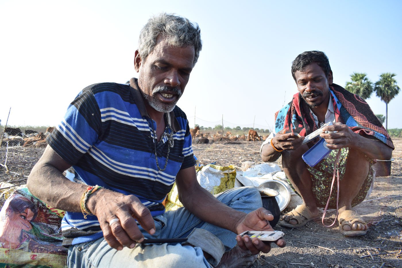 Chenakonda Balasami (left), his brother Chenakonda Tirupatiah (right) and other herdsmen have been on the move since November, in search of fodder for the animals – that search cannot stop, neither can they move during the lockdown, nor can they return home