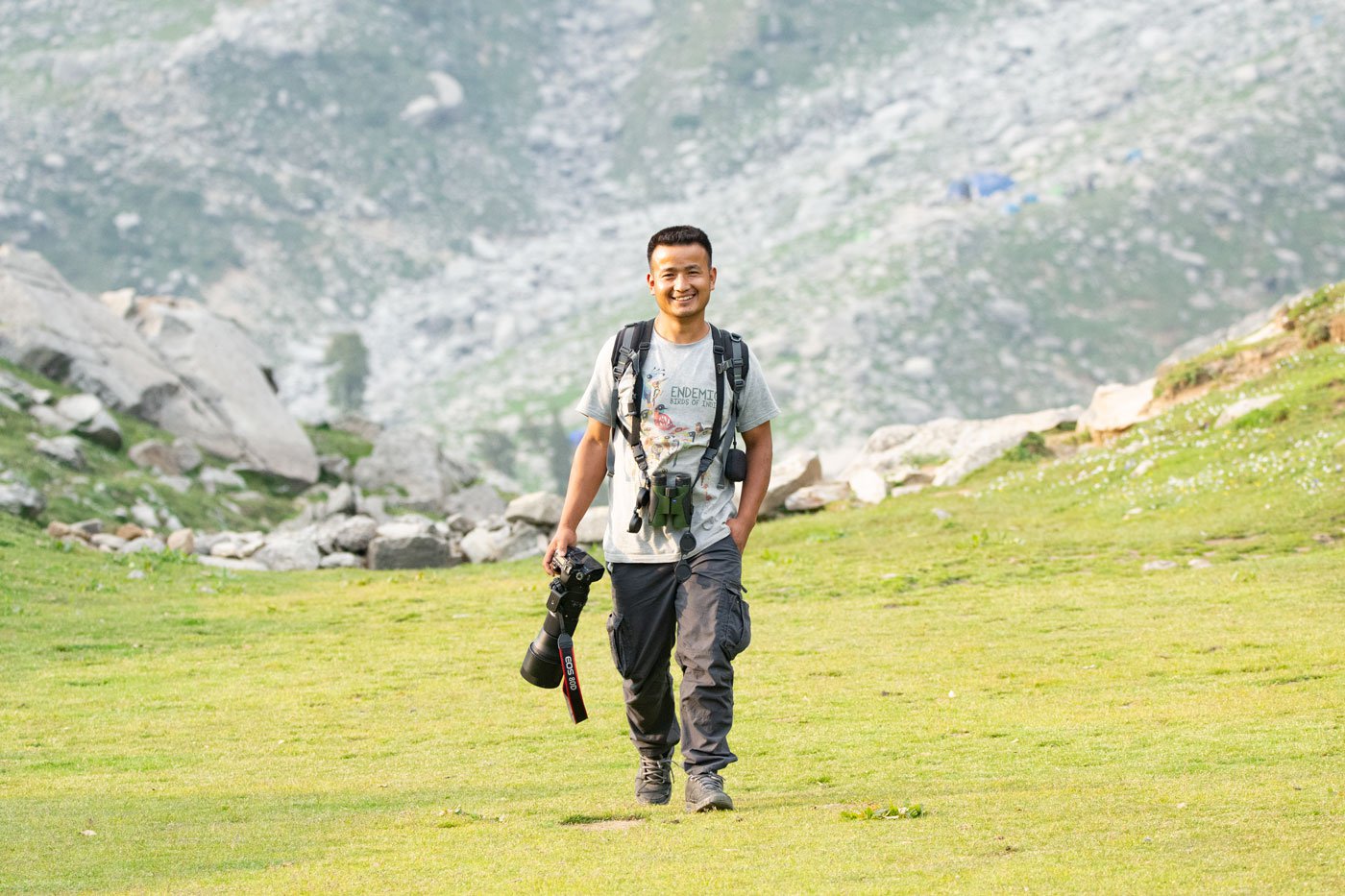 Seen here (right) with his friend’s Canon 80D camera and 150-600mm Sigma lens in Triund, Himachal Pradesh