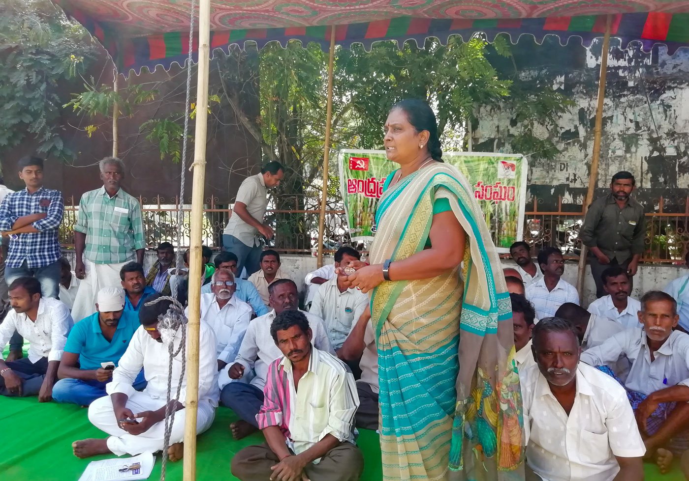 Left: A. Rambabu Naidu grows sugarcane in his 15 acres of land in Chittoor district. Right: Farm leader P. Hemalatha speaking at a dharna in Tirupati