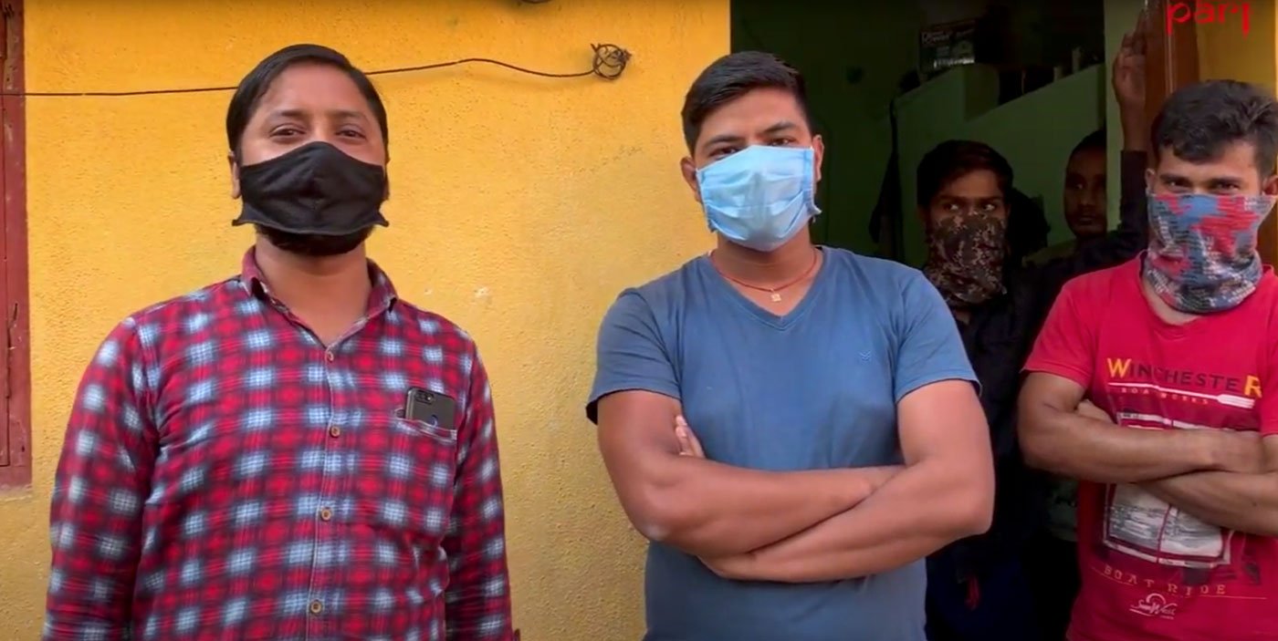 Left: Sundar Ramaswamy, president of the Dalit Sangharsha Samiti in the Banashankari locality says, 'You have to be out there to get food'. Right: Chandan Prajapati (left) and Manjay Prajapati from Uttar Pradesh, both carpenters, are fast running our of their slim savings