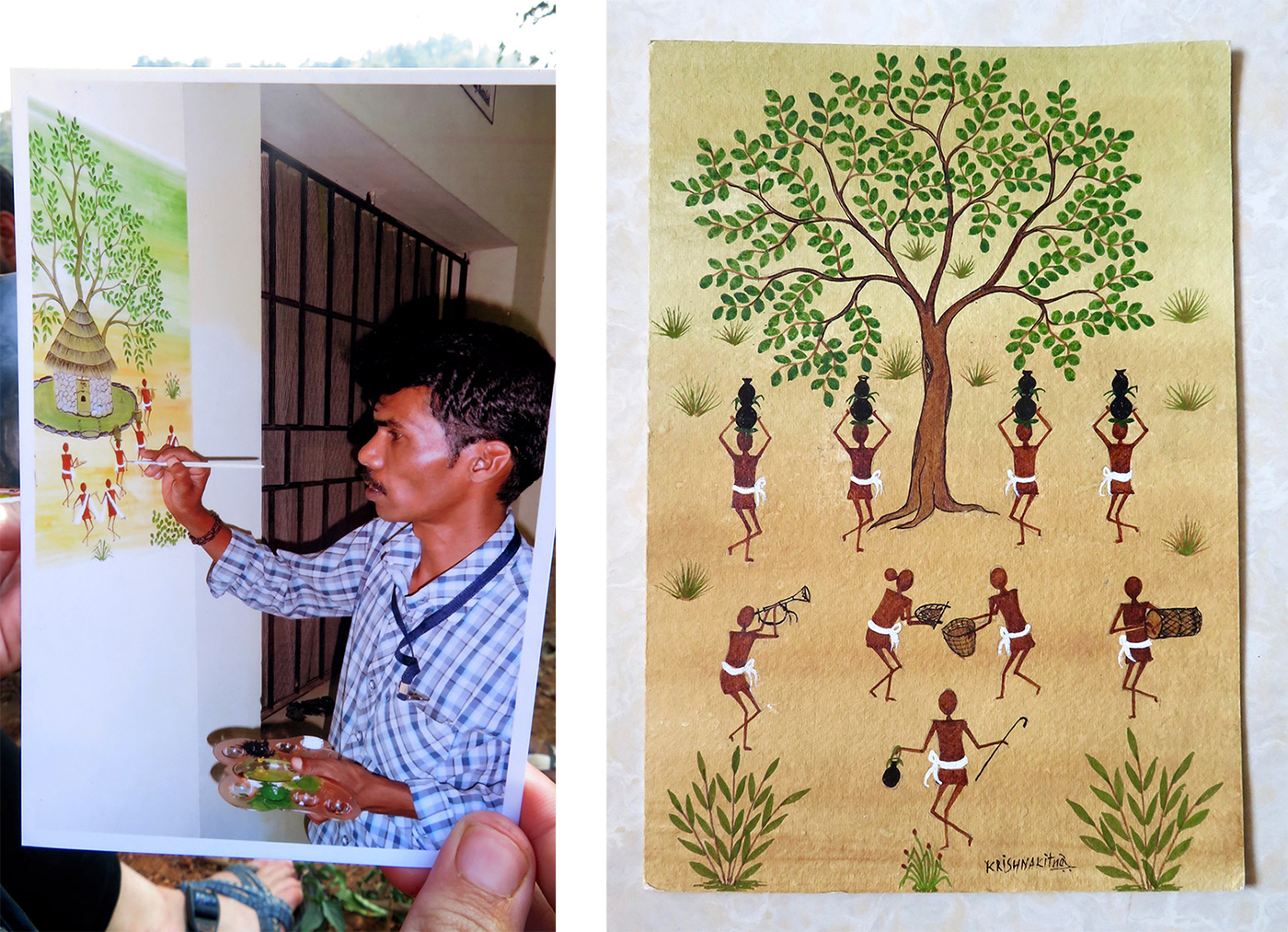 Left: A photograph of a photo of Krishna while painting. Right: One of his completed artworks