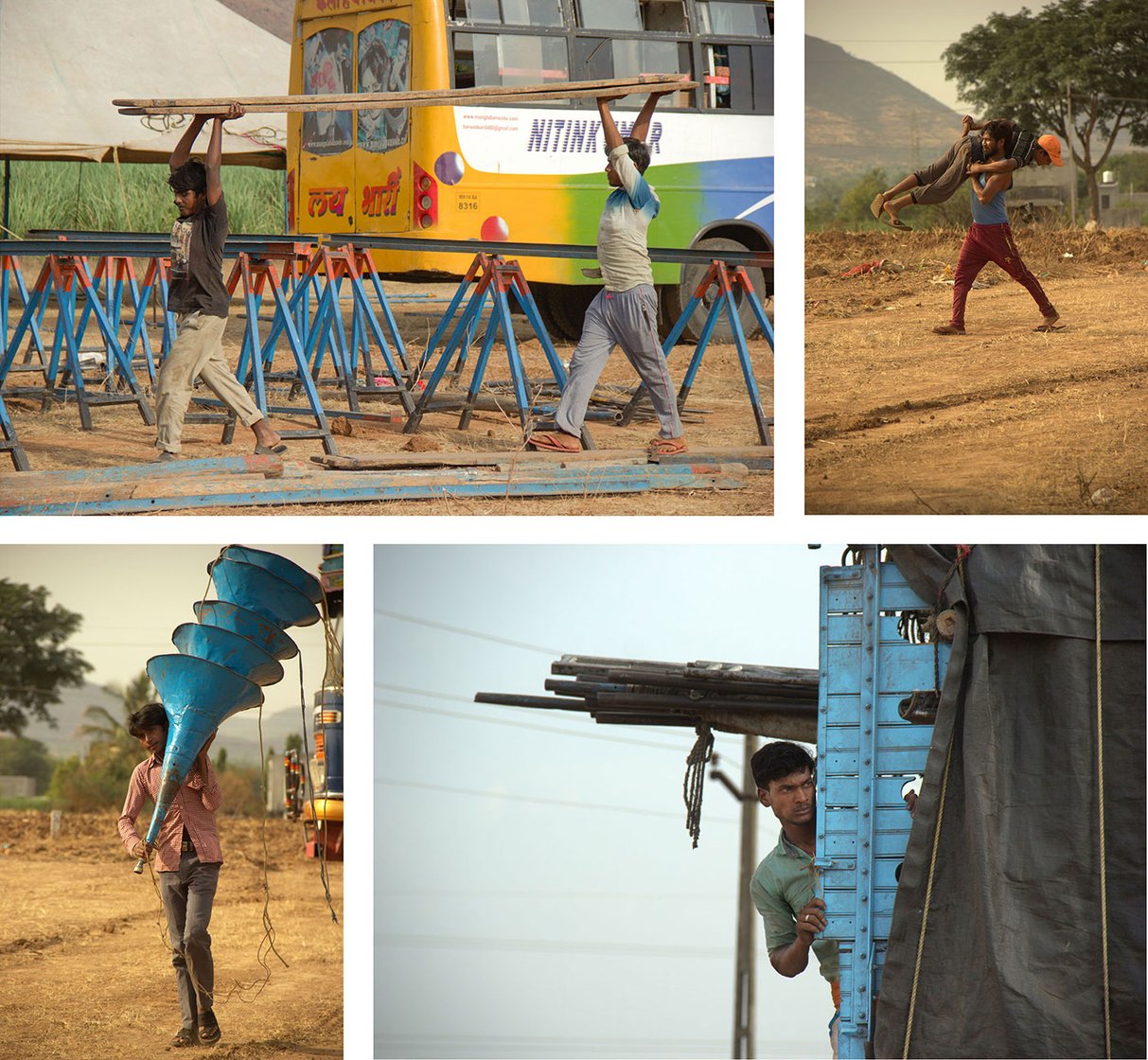 Top left-Labourers from Aumau village, Lucknow district, UP carry planks for the tamasha stage on 4 May 2018 in Karavadi village, Satara district, in western Maharashtra.
Top right-Lallan Paswan from Aumau village, Lucknow district, UP playfully carries one of his friends while working on tents, on 4 May 2018 in Karavadi village, Satara district, in western Maharashtra.
Bottom left- Aravind Kumar carries speakers on 4 May 2018 in Karavadi village, Satara district, in western Maharashtra.
Bottom right- Shreeram Paswan, a labourer from Aumau village, Lucknow district, UP, during stage building time on 4 May 2018 in Karavadi village, Satara district, in western Maharashtra