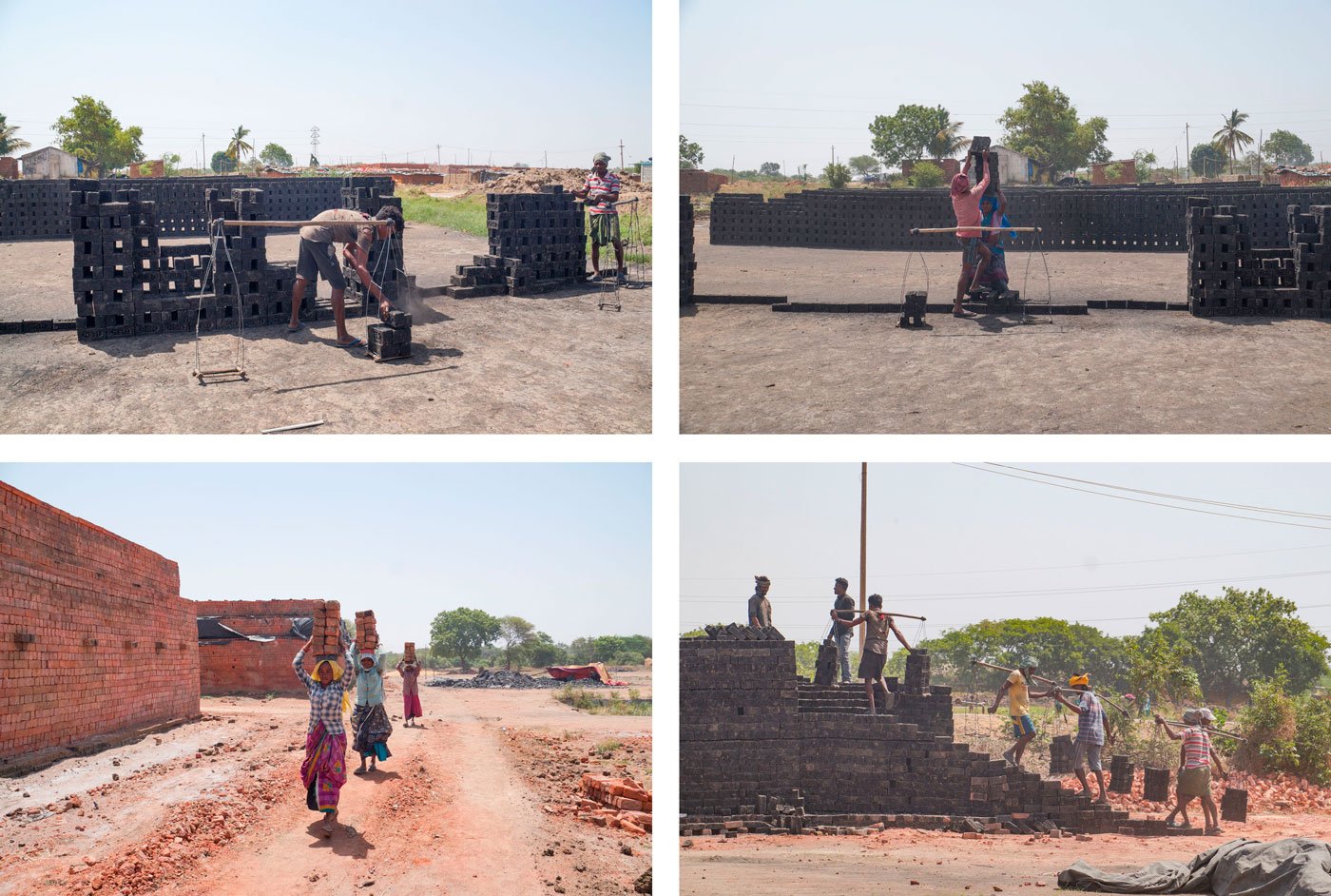 The brick carriers moved swiftly despite the blazing heat. Women carried 12 to 16 bricks per trip; men carried up to 34 at a time