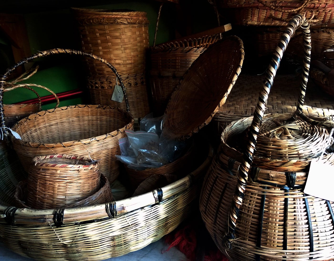 Different types of woven bamboo baskets