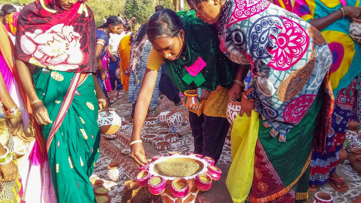 Kuleladu Jani (left) speaks of seed preservation in her home. Pramiti Majhi (centre) and other farmers (right) collecting seeds before returning home