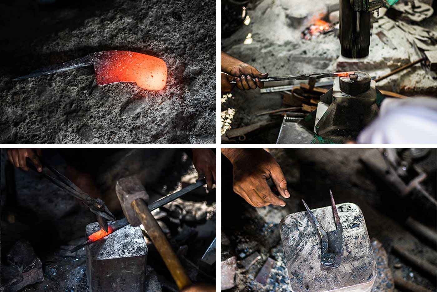 After removing it from the forge, the red-hot carbon steel (top left) is hammered by a machine for a while (top-right). Then it is manually hammered using a ghan or hammer (bottom left) to shape it into a nut cutter (bottom right)