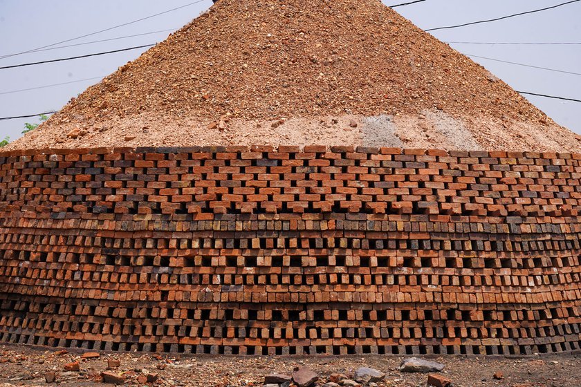 Left: Bricks piled up after firing.