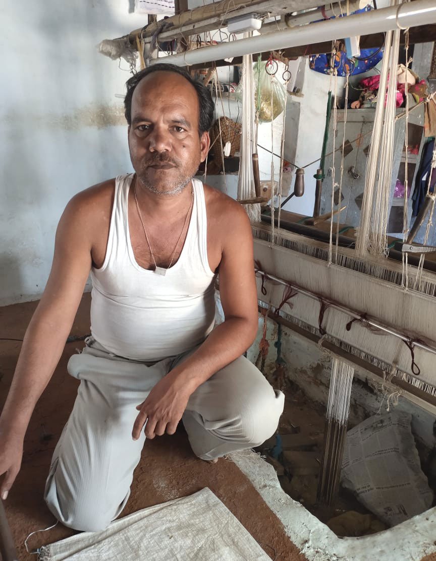 A weaver (left) who works for Aminuddin Ansari. Chanderi weavers are finding it difficult to get raw materials and to earn money now