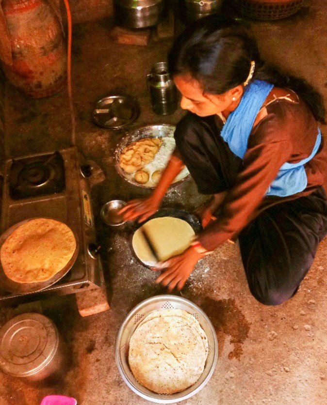 Left: Jamuna would cook and join her parents to work in the fields. Right: They cannot avail state funds to build a pucca house