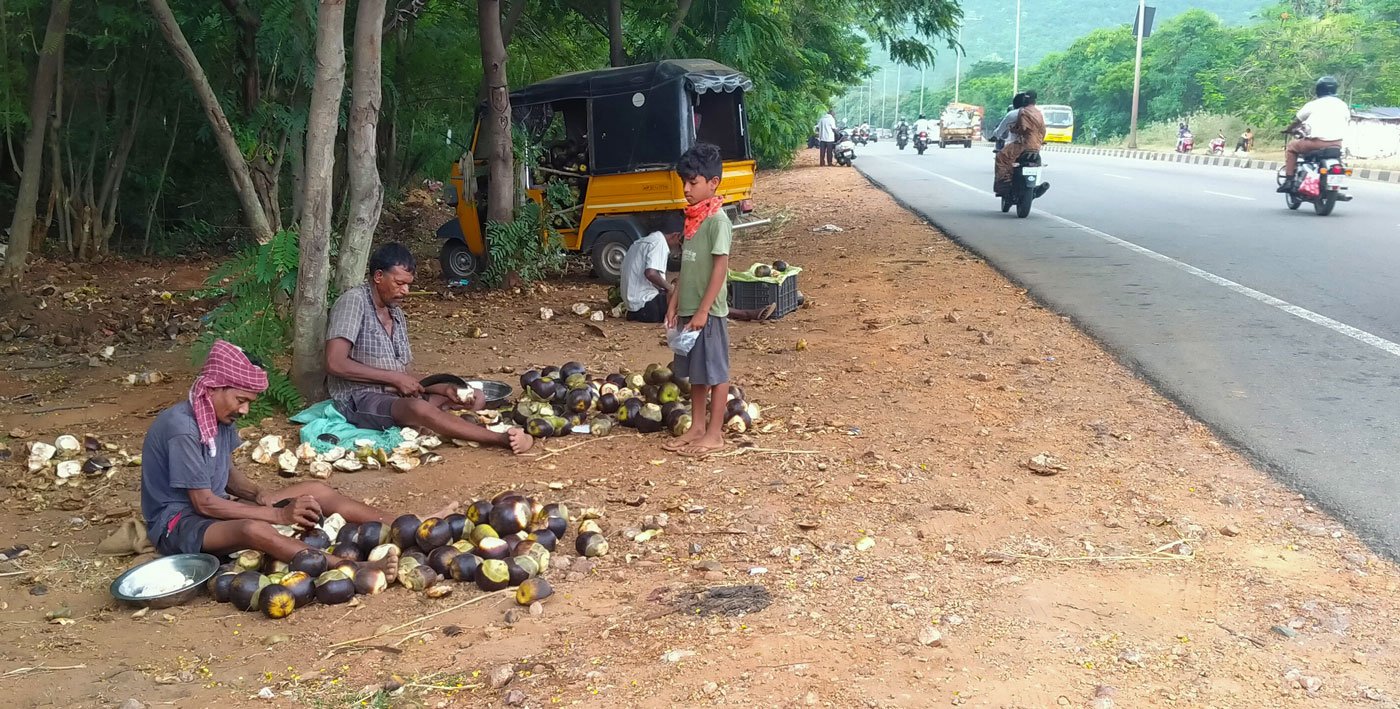 Left: N. Apparao, Guthala Raju and Gannemalla Surappadu, sitting a couple of metres apart, as if following physical distancing norms. Right: 'We pooled in and brought this three years ago', Surappadu said. 'The bank keeps calling us, asking us to pay at least one month's instalment'