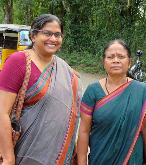 Left: Veena Sunil, a mental health counsellor of Ashwini (left) with Janaki, a health animator. Right: Jiji Elamana and T. R. Jaanu (in foreground) at the Ayyankoli area centre, 'Girls in the villages approach us for reproductive health advice,' says Jaanu

