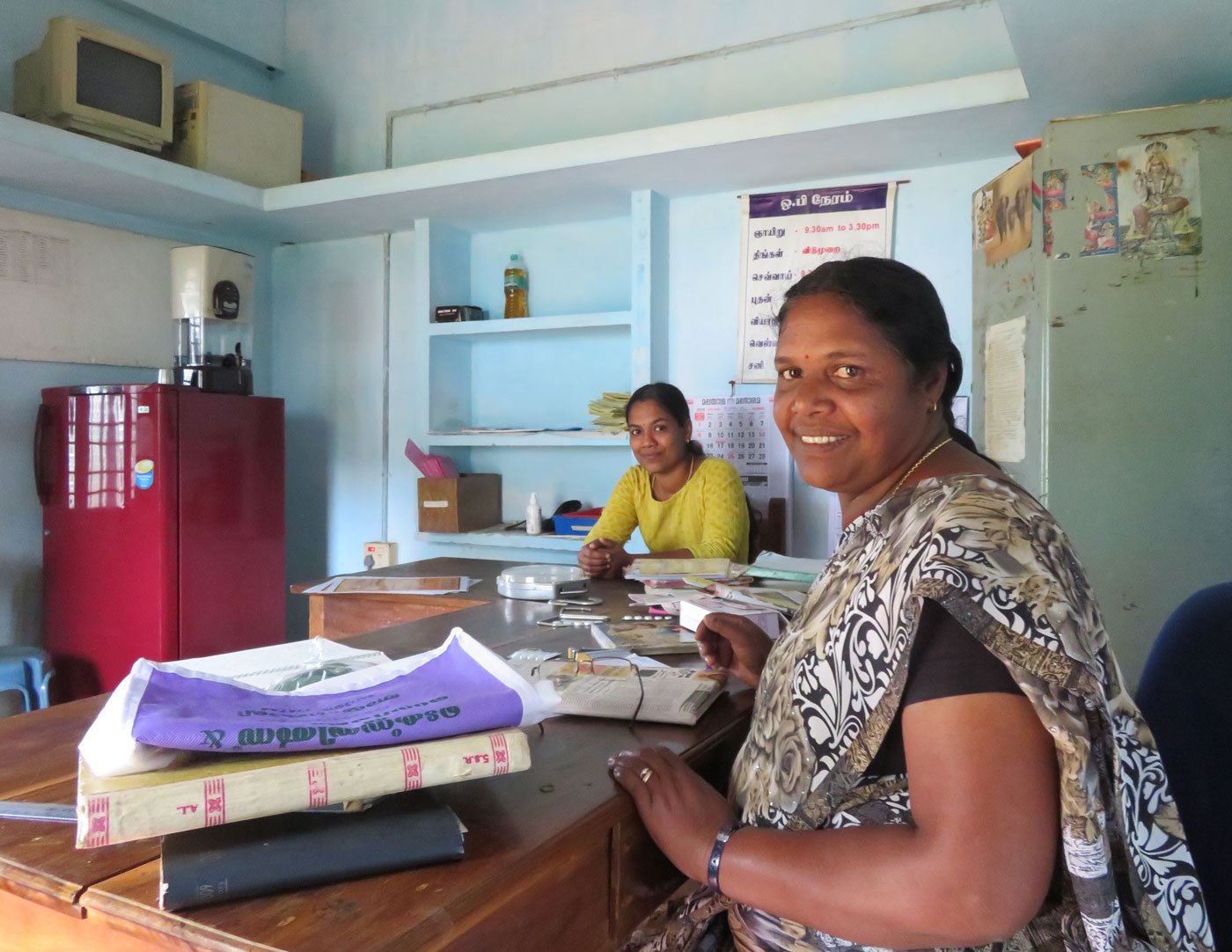Left: Veena Sunil, a mental health counsellor of Ashwini (left) with Janaki, a health animator. Right: Jiji Elamana and T. R. Jaanu (in foreground) at the Ayyankoli area centre, 'Girls in the villages approach us for reproductive health advice,' says Jaanu