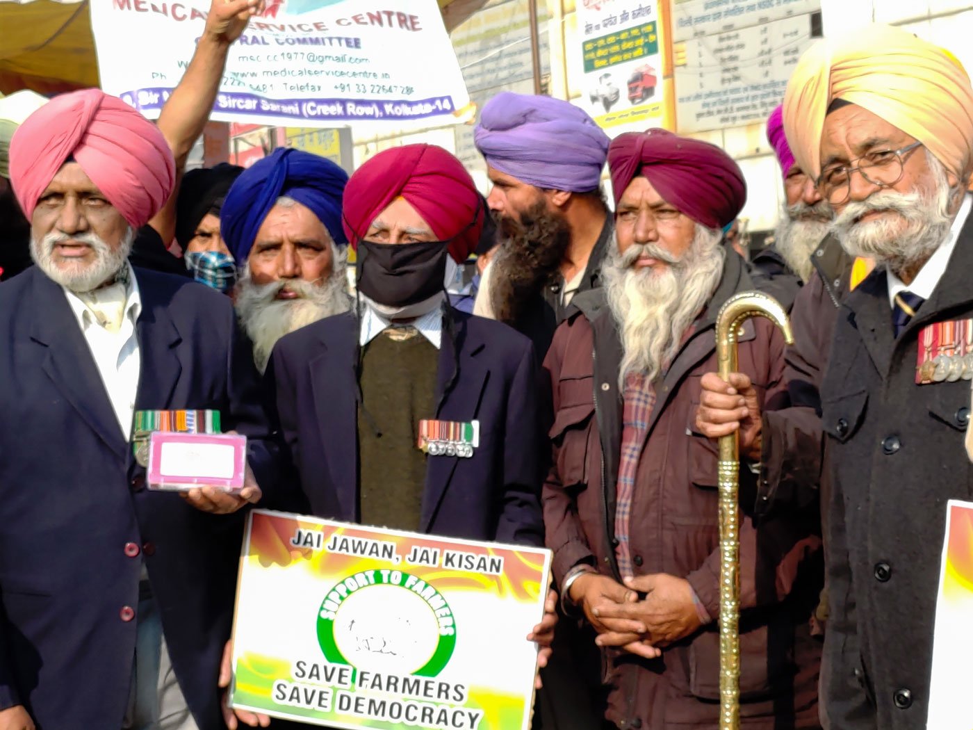 Left: Lt. Col. S. S. Sohi says, 'The government is ruining farming altogether'. Right: The war heroes say they are angry at the demonisation of farmers