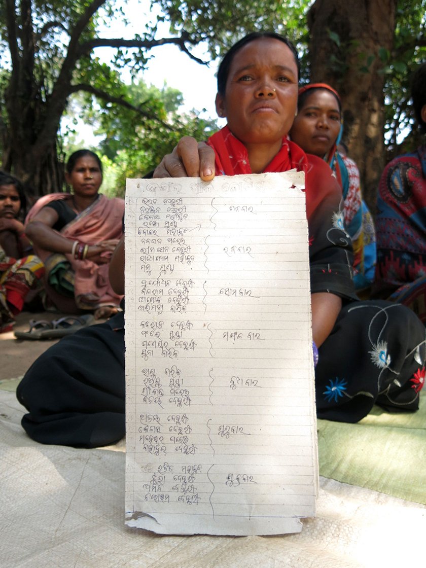 Shakuntala Dehury shows Nitigotha’s community forest protection roster