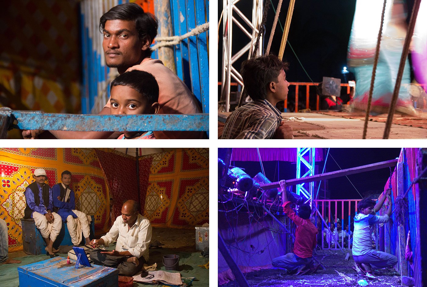 Top left-Labourer Shreeram Paswan watches the tamasha on 11 May 2017 in Gogolwadi village in Pune district in Maharashtra. He is a part of the group of 30 men from Aumau village, Lucknow district, UP.
Top right-Wireman Suraj Kumar watches the tamasha on 11 May 2017 in Gogolwadi village in Pune district in Maharashtra.
Bottom left- Some labourers like Anil Pawra (extreme left) also double up as backup singers and dancers in the tamasha. Photo shot on 15 May 2017 in Savlaj village, Sangli district in Maharashtra.
Bottom right- Labourers hold on to the plank that for a dancer’s performance during the tamasha on 3 May 2018 in Savindne village in Pune district, in western Maharashtra