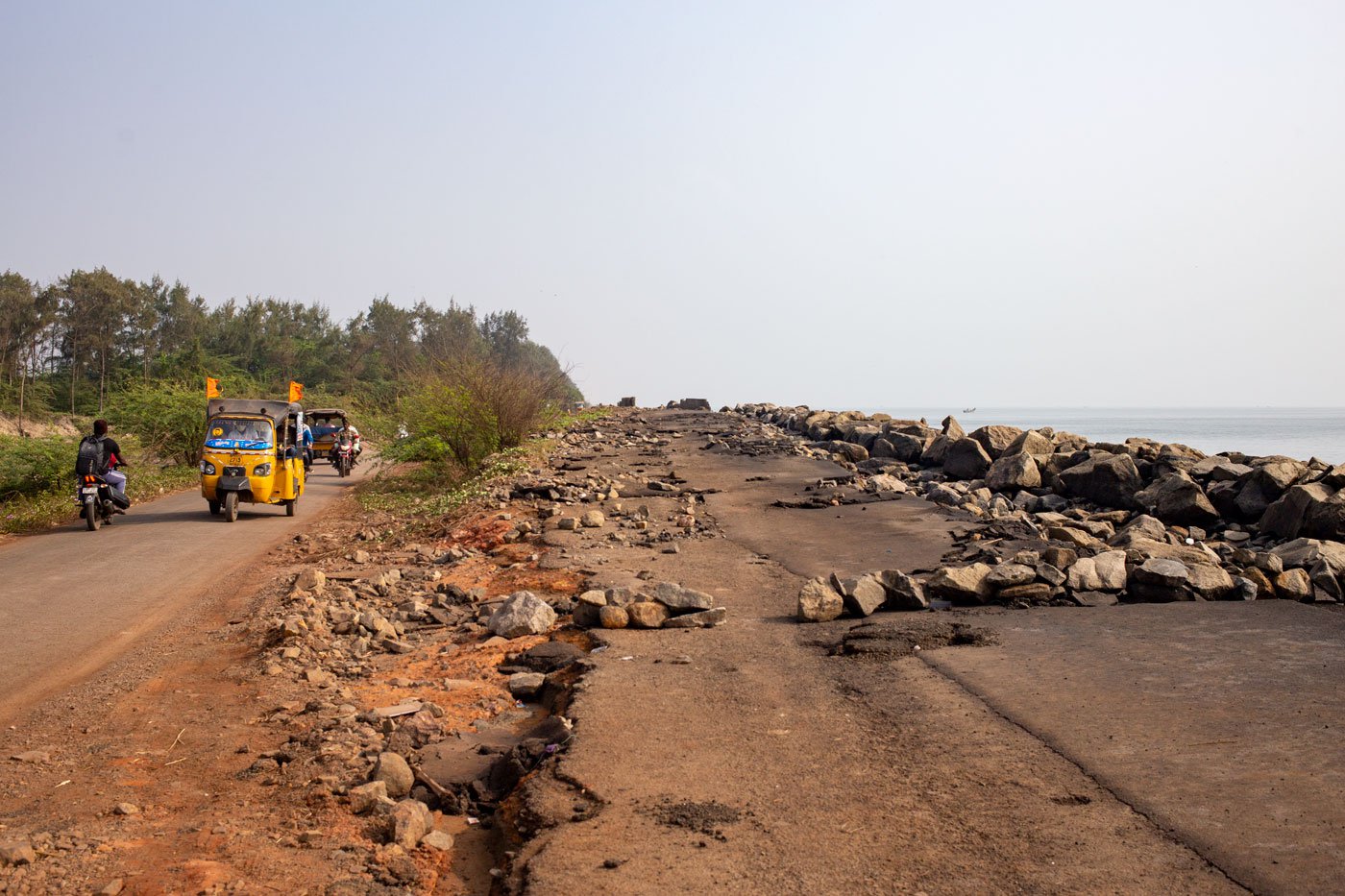 The Uppada-Kakinada road became unsafe after it was damaged by Cyclone Jawad in December 2021. A smaller road next to it is being used now