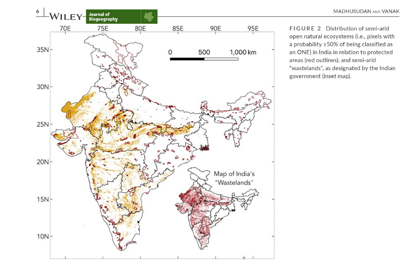 A map (left) showing the overlap of open natural ecosystems (ONEs) and ‘wasteland’; much of Rajasthan is ONE