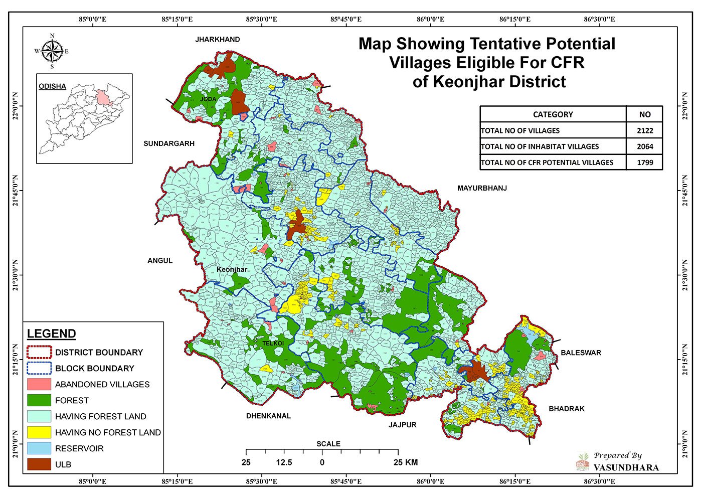A graphic, based on a study by Vasundhara, an NGO in Odisha, shows community forests across Keonjhar district’s 336,615 hectares of forest, and the potential for awarding Community Forest Rights titles to villages (Courtesy: Vasundhara)