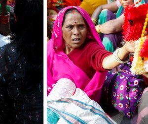 Left: Making quick sketches of farmers and their children as they sit and rest at Parliament Street.
Right: Vendors weave through the crowd selling everything from balloons to bags. 
