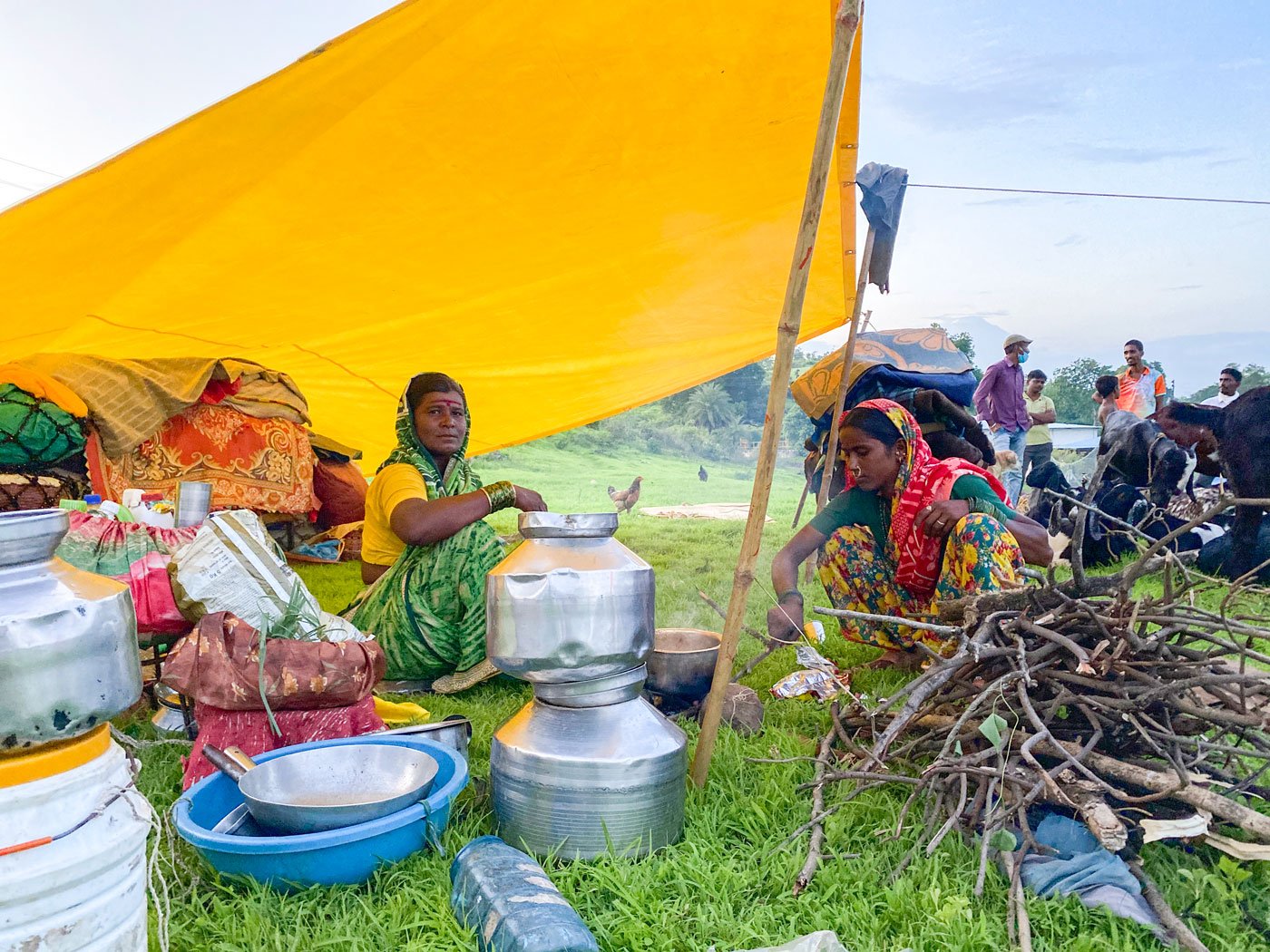 While travelling, this group – which includes Gangadhar (left) and Ratan Kurhade – carries enough rations on their horses to last nearly a month