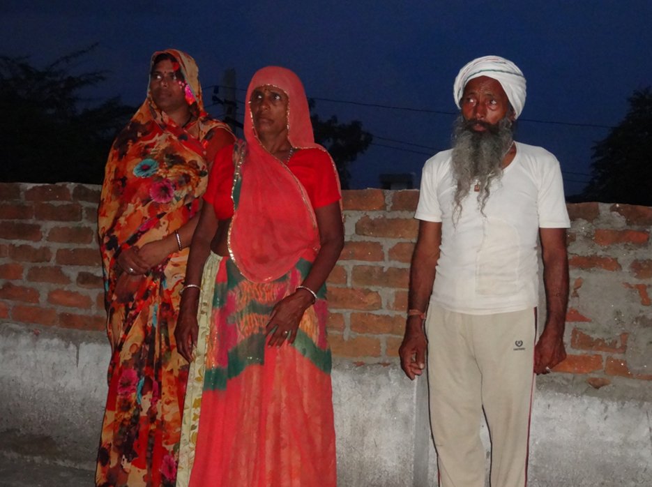Left: Bholi and her family were forced to leave their home in Dariba village four months after the incident. Right: She moved with her husband Pyarchand (right) and family (including daughter-in-law Hemlata, on the left) to Bhilwara city
