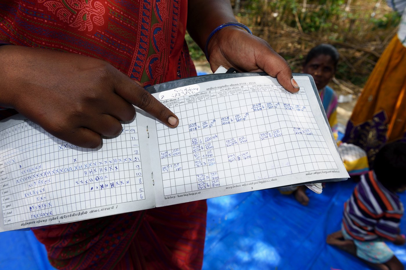 Left: The women of Bangalamedu, an Irular colony in Cherukkanur panchayat, discuss MGNREGA wages. Right: S Sumathi with her job card. The attendance and wage details on most of the job cards in this hamlet don't tally with the workers’ estimates