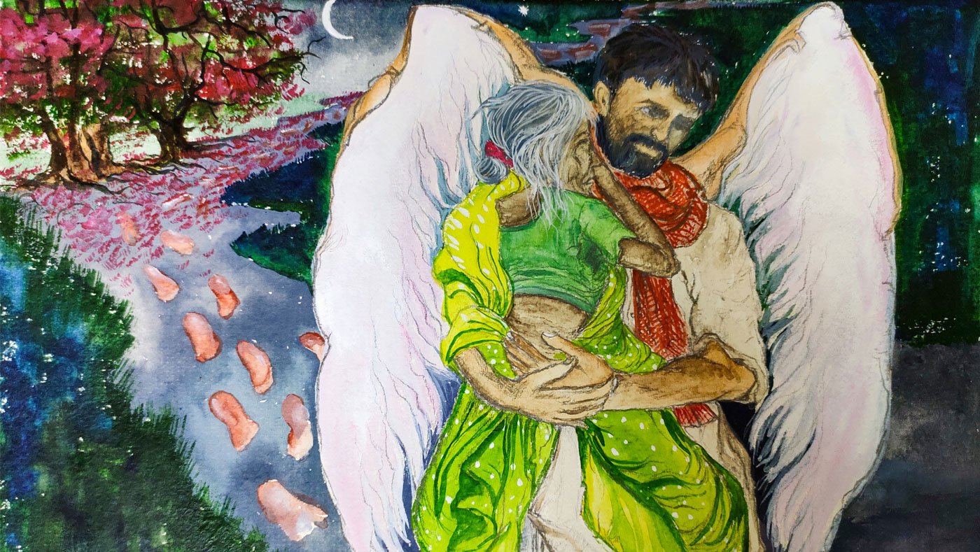 The man, Vishwanath Shinde, a migrant worker, carrying his aunt Bachela Bai on the Mumbai-Nashik Highway, was journeying from Navi Mumbai to Akola in Vidarbha. The artist, Labani Jangi, saw this scene in a report by Sohit Mishra on 'Prime Time with Ravish Kumar' (NDTV India), on May 4, 2020. The text from Labani was told to and translated by Smita Khator