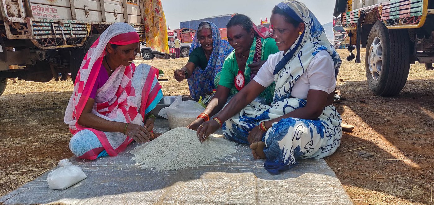ladies sitting picking rice.
