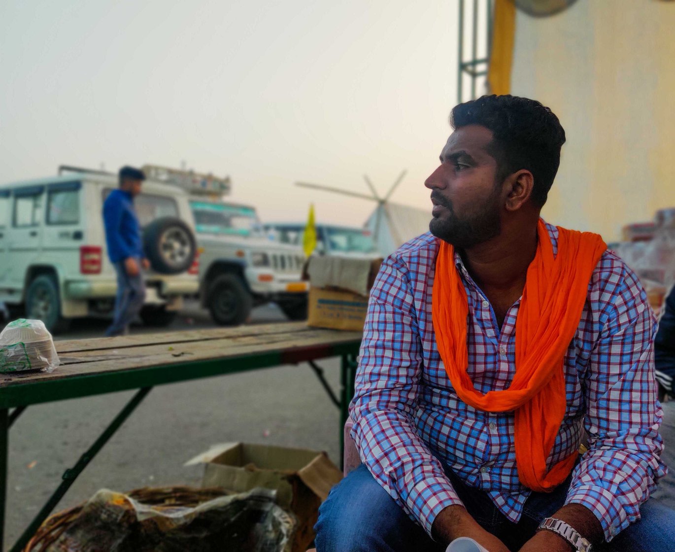 Bilawal Singh (left) and his cousin Rashwinder run a langar at the Shajahanpur site: 'We have enough supplies coming in. We can stay here till the 2024 elections'