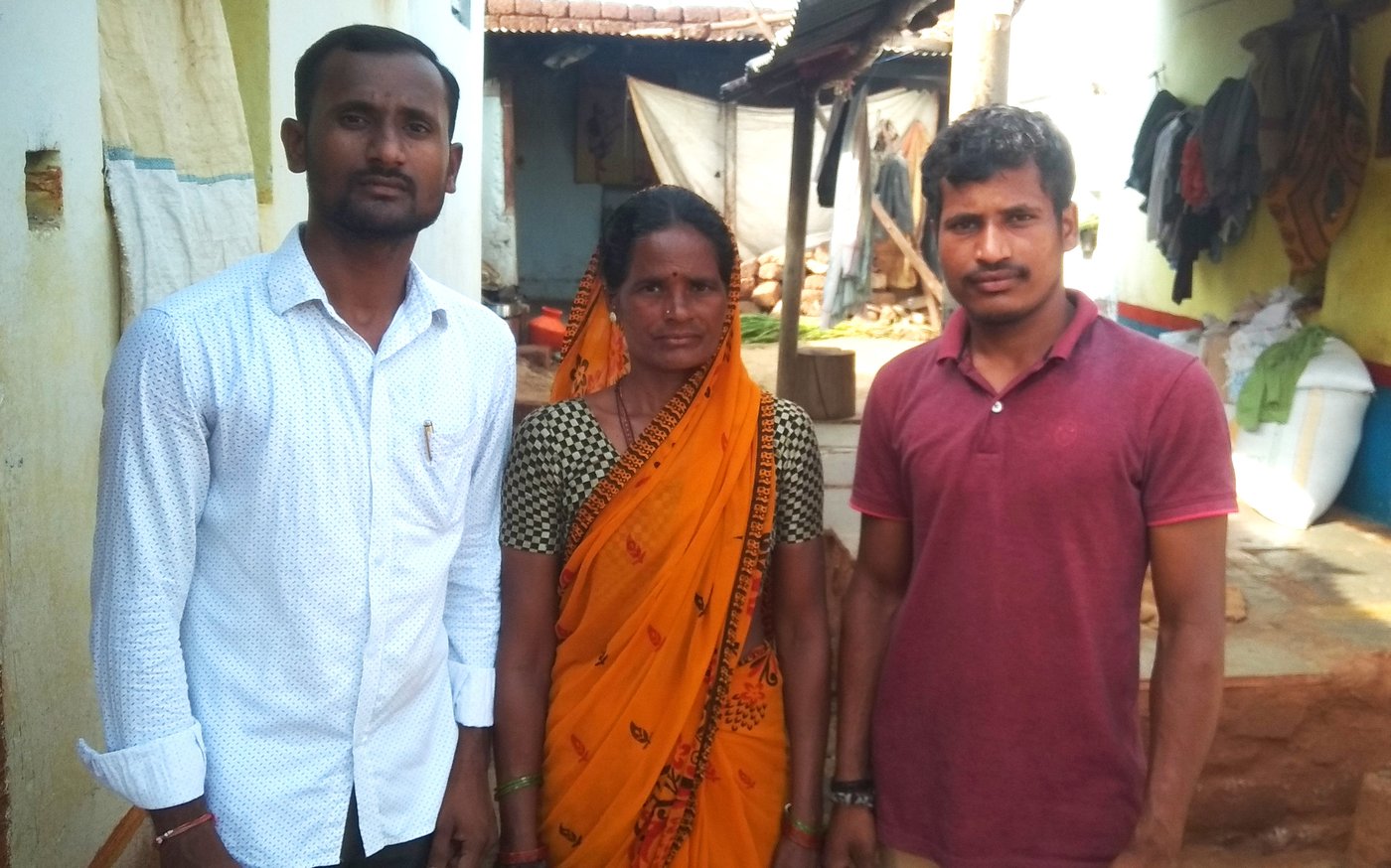 Earappa Bawge (left) with his mother Lalita and brother Rahul in Kamthana village (right) of Karnataka's Bidar district, where many sought work at MGNREGA sites during the lockdown