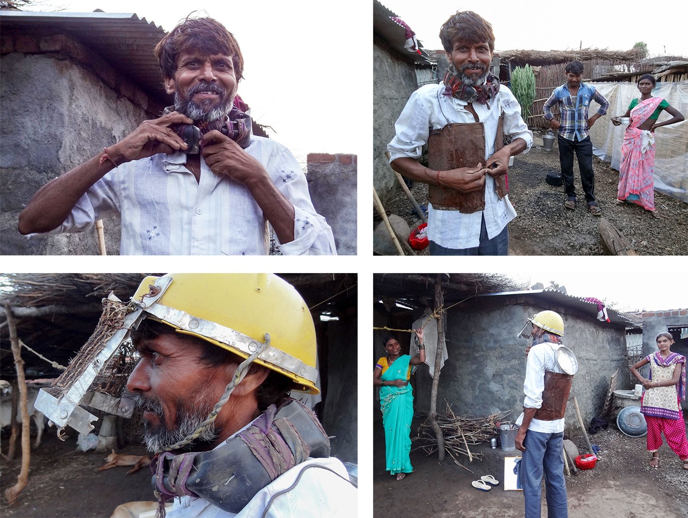Shankar Atram in his protective gear at his home. Atram’s wife Sulochana and his daughter, Diksha, smile at him as he wears his ‘Jugaad’.