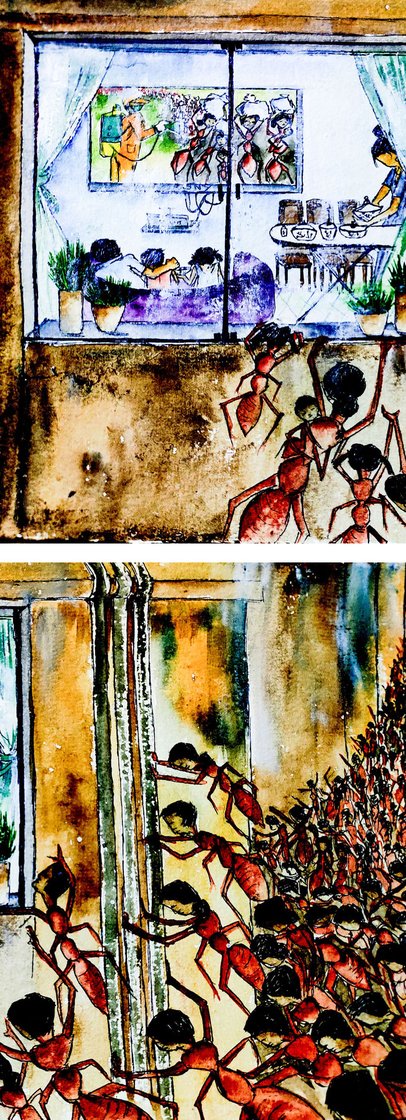 The paintings with this poem is an artist's view of the march of the 'ants'. The artist, Labani Jangi, is a self-taught painter doing her PhD on labour migrations at the Centre for Studies in Social Sciences, Kolkata


