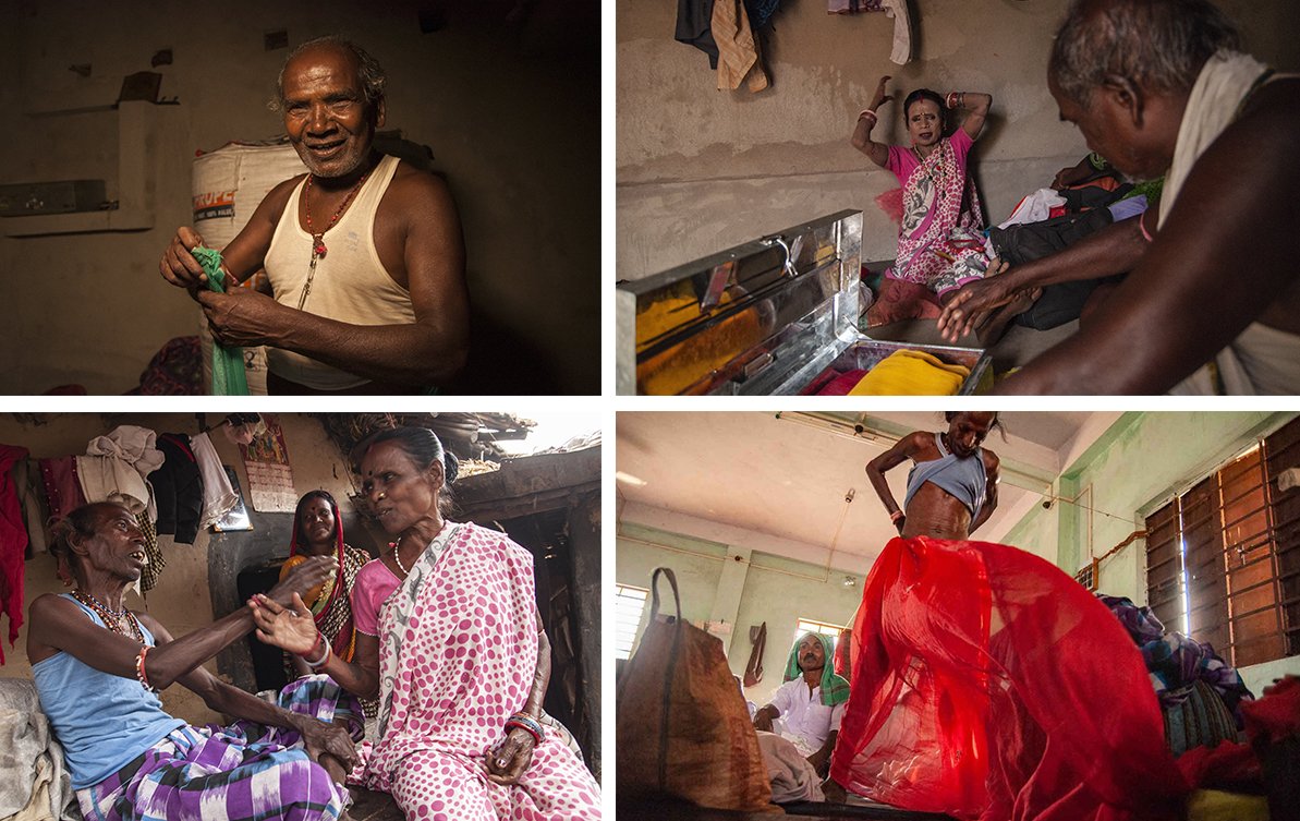 Photo one - Charubala’s rasik Shravan Kalindi at their home.
Photo two - Shravan helps Charubala dress for her performance
photo three - Charubala chatting with dholak player
photo four - A performer getting ready